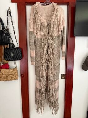 Long Fringe Knit Cardigan in Blush & Taupe